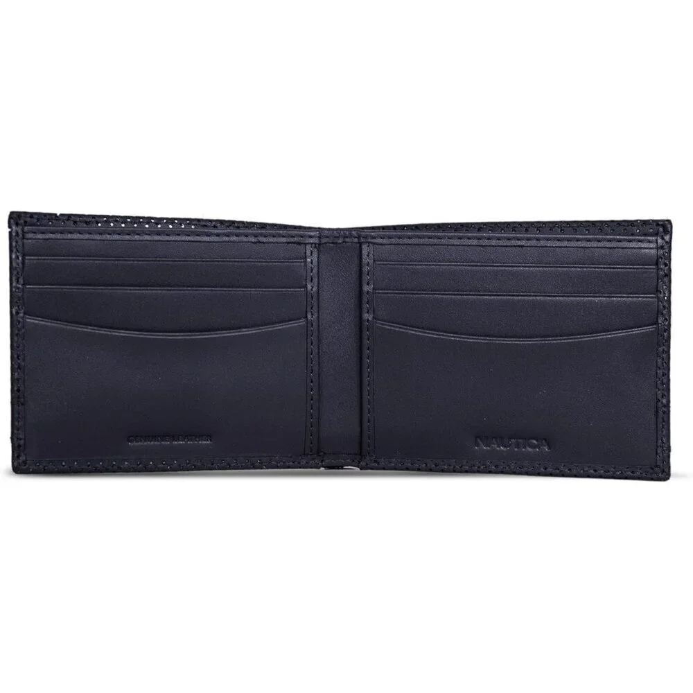 Men's Perforated-Navy Bifold Leather Wallet RFID Blocking ID Window Card Slots